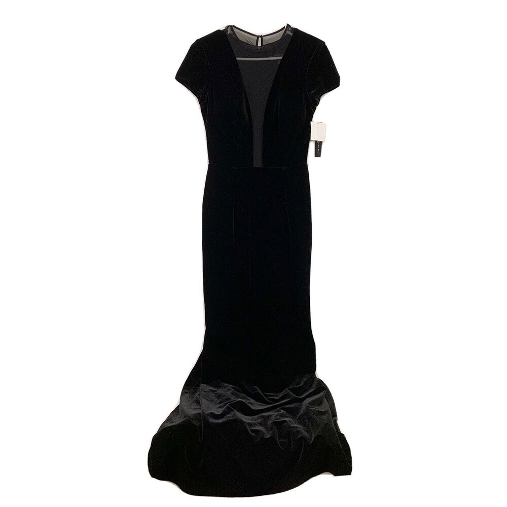 NWT Betsy Adam Dress Size 4 16” Full Length Mesh V Short Sleeves Solid Black